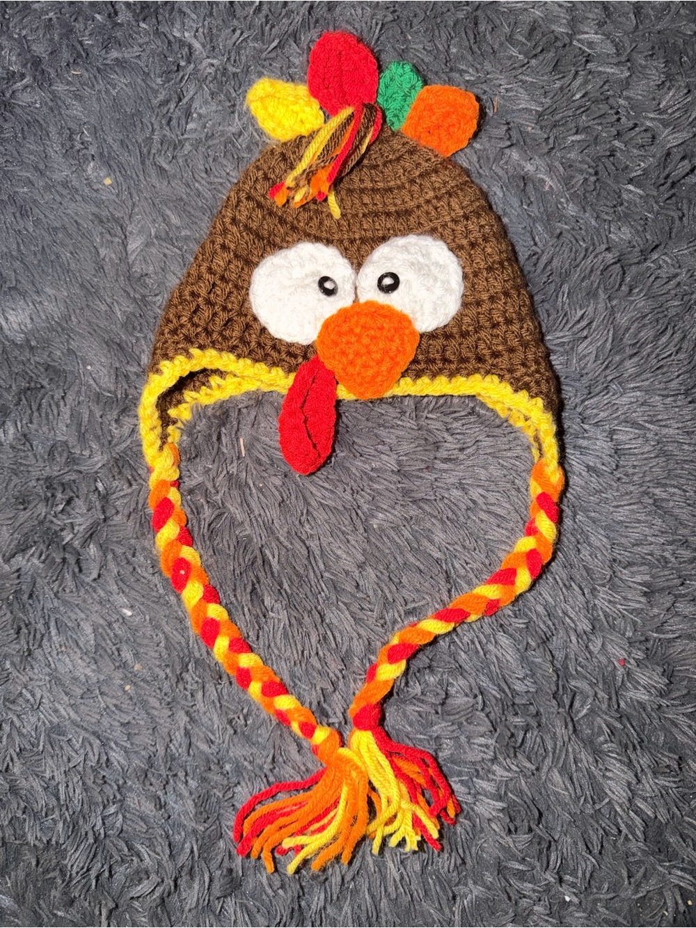 Handmade Crochet Turkey Earflap Hat - Brown with Bright Accents